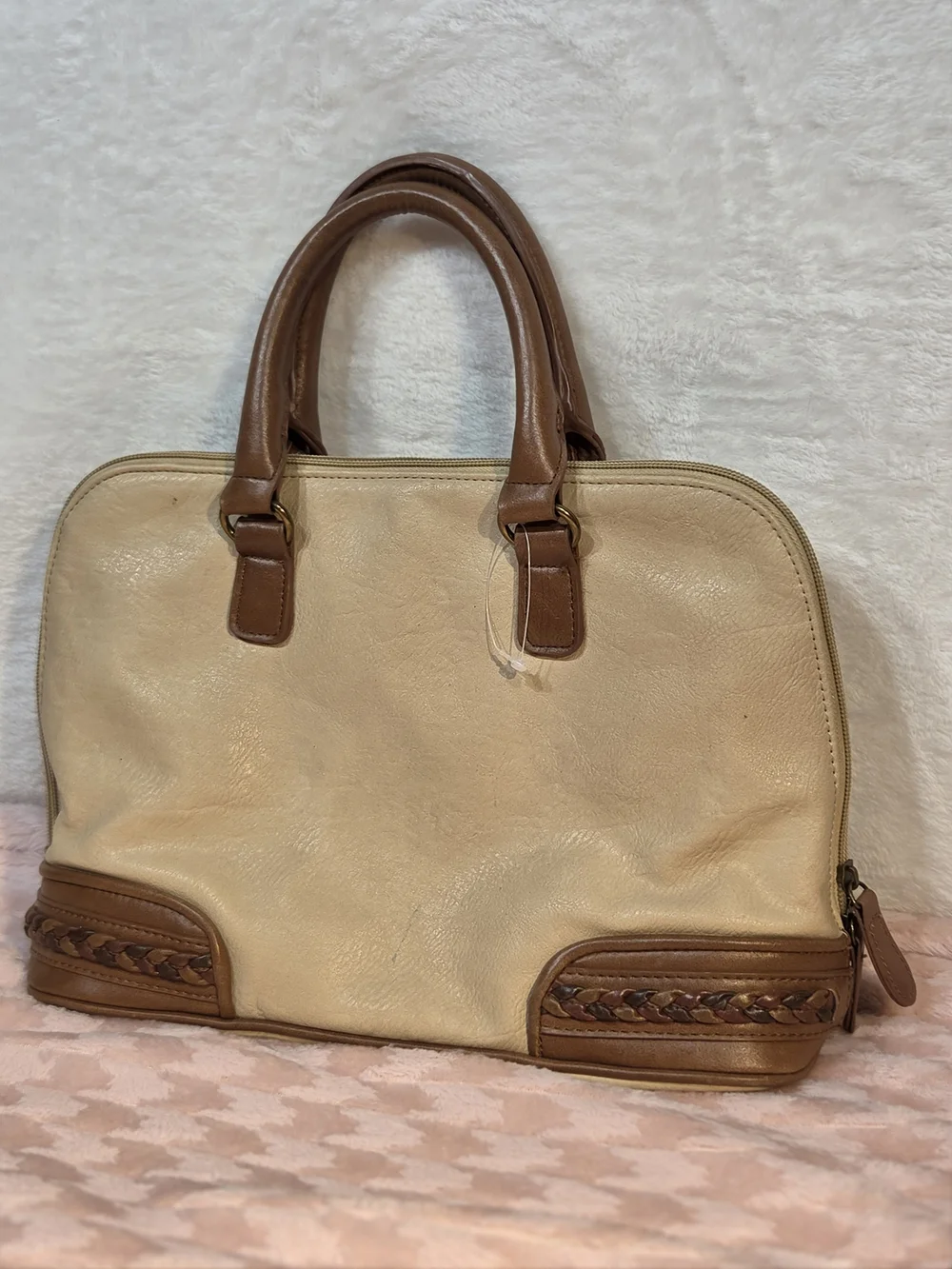 Bueno Classic Two-Tone Beige and Brown Satchel Handbag